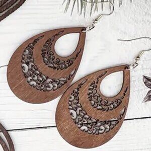 NEW Boho Large Brown Wood Wooden Teardrop Dangle Earrings